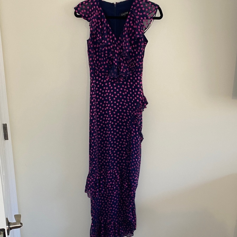 SALONI Anita Pink and Blue  Polka Dot Silk Ruffle Ankle Maxi Dress size 4